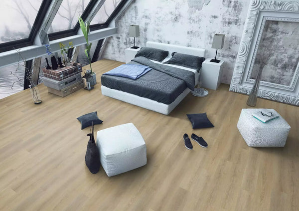 Premium luxury vinyl flooring collection showing wood effect LVT installed in modern bedroom space
