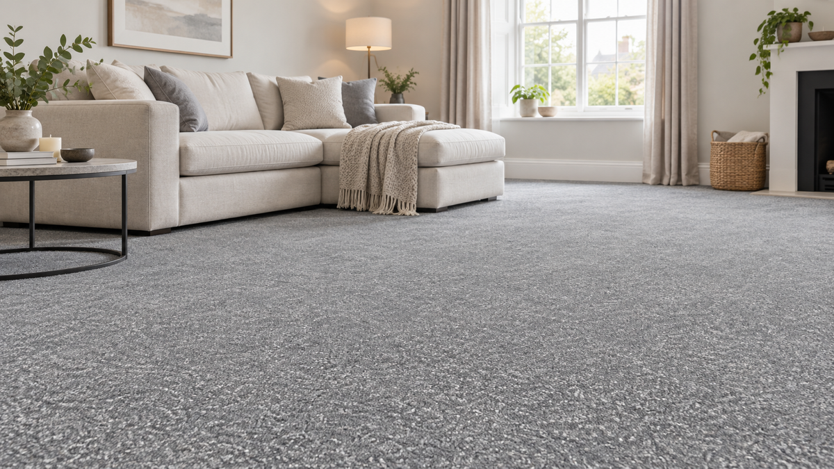 Illustrative living room with a steel-grey carpet; request a Prime Steel Grey sample to check the actual colour and texture.